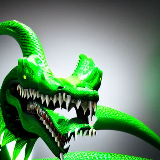 Image similar to green dragon, smiling, studio shot, volumetric lighting, 8 k, real life picture, realistic, hyperdetailed, no blur, shadows