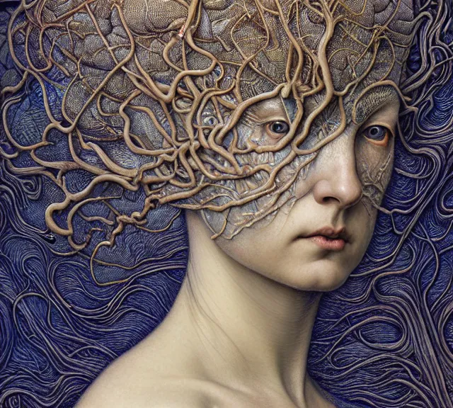 Prompt: detailed realistic beautiful brain portrait by jean delville, gustave dore, iris van herpen and marco mazzoni, art forms of nature by ernst haeckel, art nouveau, symbolist, visionary, gothic, neo - gothic, pre - raphaelite, fractal lace, intricate alien botanicals, ai biodiversity, surreality, hyperdetailed ultrasharp octane render