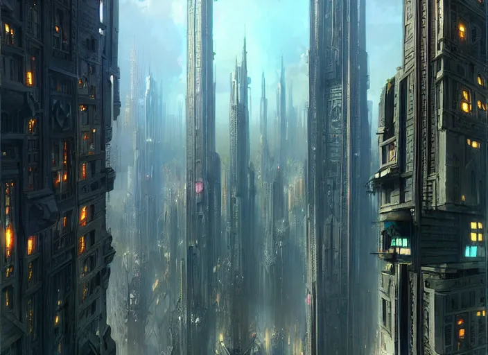 Image similar to a painting of a city with a lot of tall buildings, a detailed matte painting by stephan martiniere, cgsociety, fantasy art, steampunk, matte painting, matte drawing