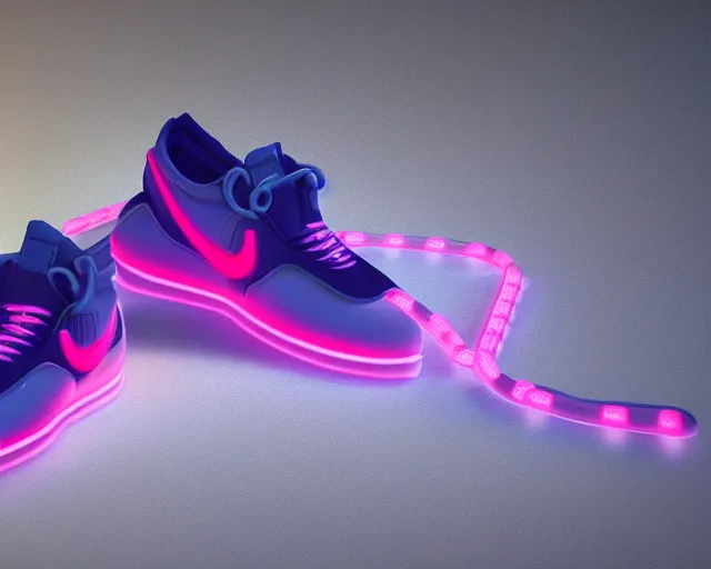 Image similar to 3D render of nike sneakers with neon laces, futuristic style, creative design, highly detailed, award winning, unreal engine 5, studio lighting, neon background