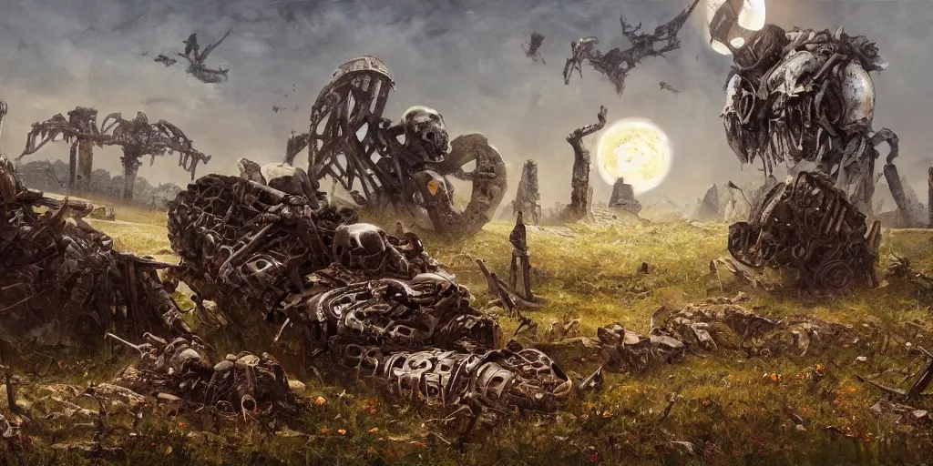 Prompt: 88grzes a hole in ruined broken steel titan colossus laying on his knees field road to star gateway wheel, skulls and skeletons scattered on the ground, abandoned spears, saturn and supermoon in the sky, fine art, artstation, matte painting, masterpiece by vasnetsov