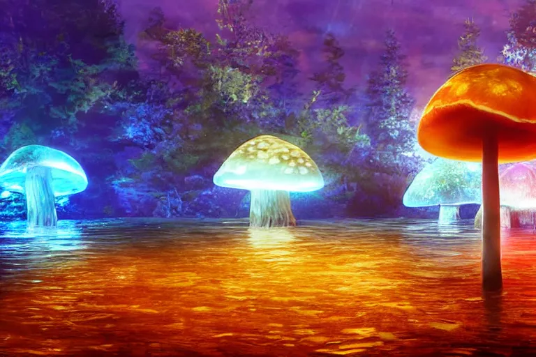 Prompt: giant glowing mushrooms next to a small bridge, flowing water, digital art, glowing crystal monolith in background, blue lighting, acrylic,