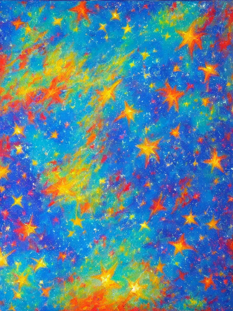 Image similar to an impasto oil painting of the universe expanting infinite with bright colors and shooting stars