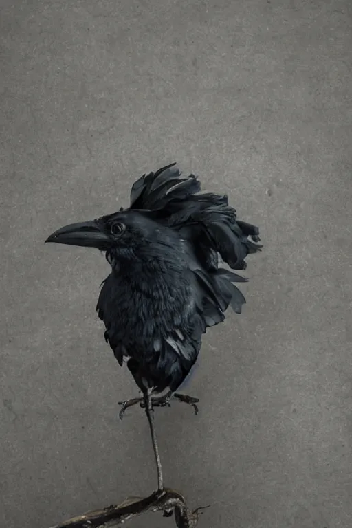 Prompt: photo of dark raven standing in a shadow from deep purple light of lantern, mystery, mysterious, soft shadows, soft dark muted colors, simple shapes, golden ratio, perfect composition, dramatic, medium close - up ( mcu ), cannon ef, 5 0 mm, f / 2. 8