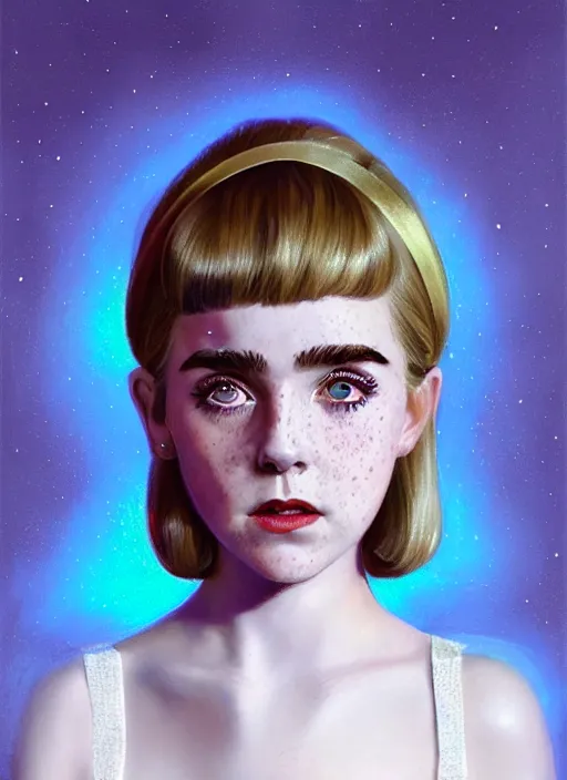 Image similar to portrait of kiernan shipka with freckles, white hair, big 1 9 6 0 s bob hairstyle with bangs and hairband, blue 1 9 6 0 s dress, intricate, elegant, glowing lights, highly detailed, digital painting, artstation, concept art, smooth, sharp focus, illustration, art by wlop, mars ravelo and greg rutkowski