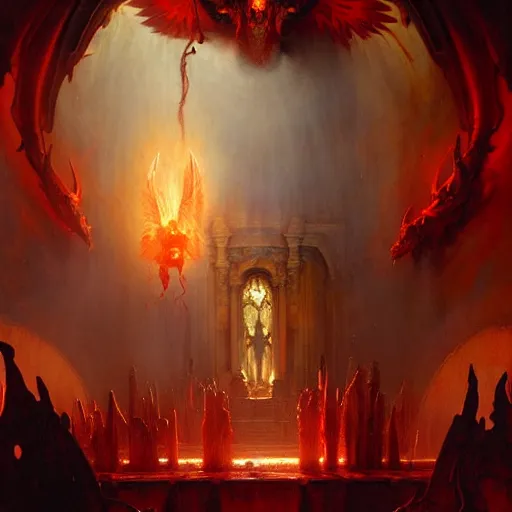 Image similar to a chapel's ceiling is broken in half as a red magical portal from hell opens up there and demons with lucifer start pouring in. highly detailed painting by gaston bussiere, greg rutkowski, craig mullins 8 k