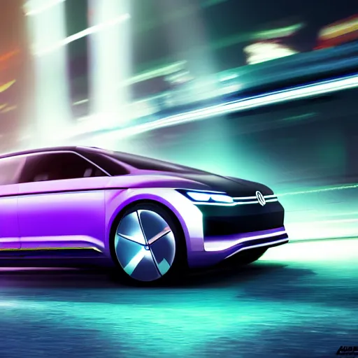 Image similar to a distant photo of a volkswagen idr concept car in a cyberpunk city. racing at extreme speeds. motion blur, purple lighting