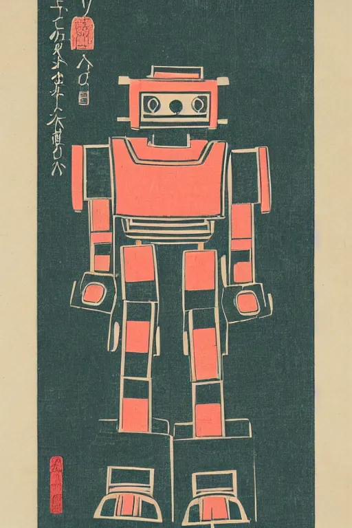 Image similar to Japanese woodblock print of a robot made out of flowers