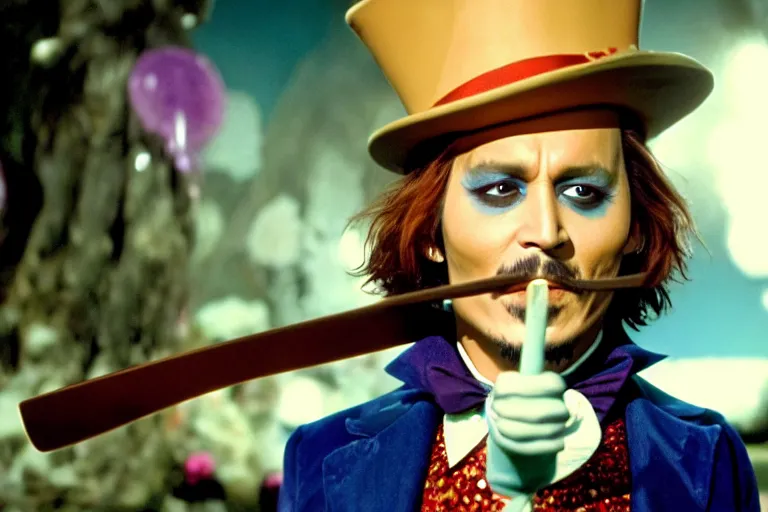 Image similar to cinematic still of johnny depp playing a whimsical character holding a large knife covered in dripping fudge in willy wonka & the chocolate factory film directed by tim burton, movie still, long lens, shallow depth of field, bokeh, anamorphic lens flare