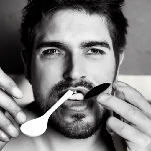 Prompt: a handsome man eating cocaine with his spoon