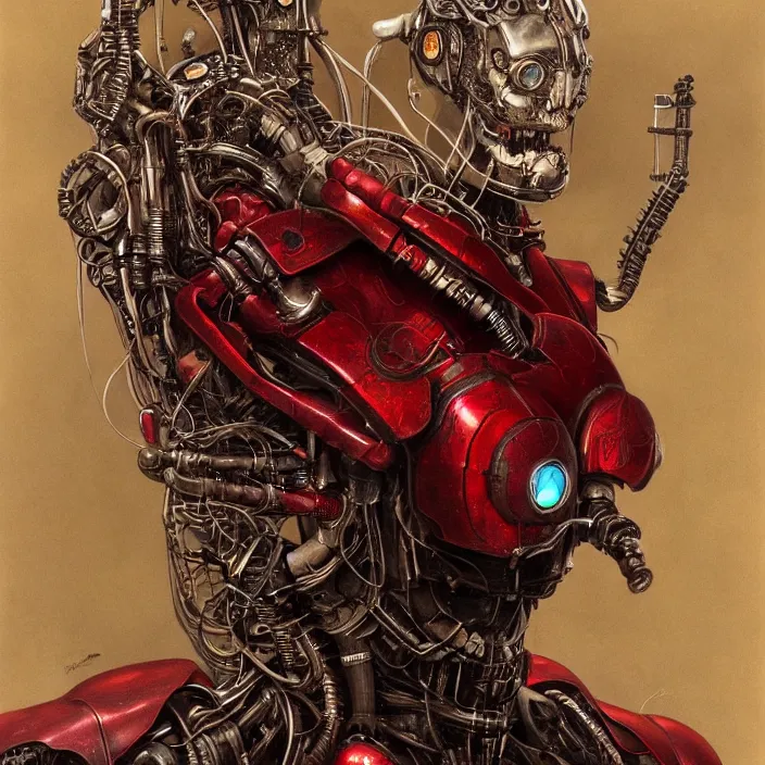 Image similar to in the art style of h. r. giger a portrait of a ruby ultron from age of ultron, clockwork steampunk, head and chest only, by beksinski, 4 k, deviantart, trending on artstation