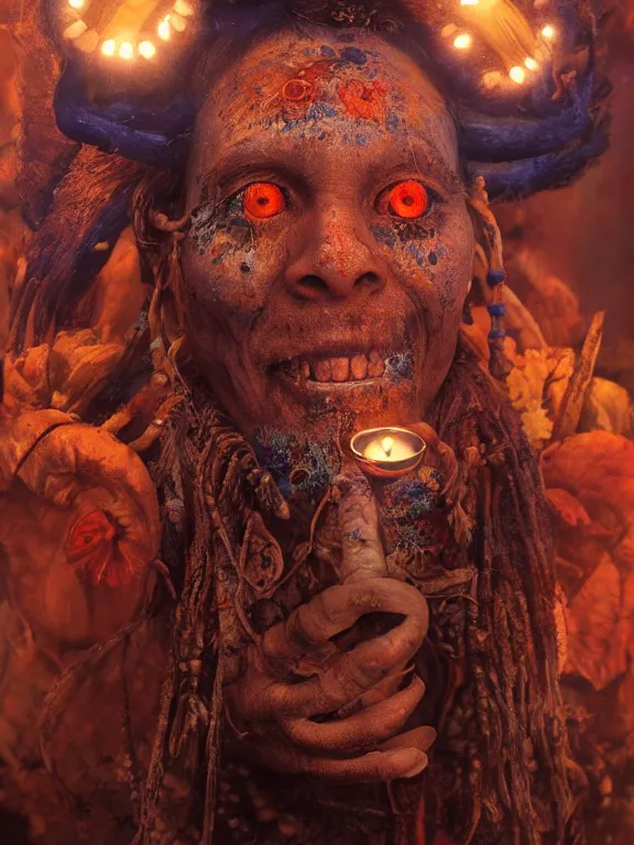 Prompt: fine painting of a death shaman from an ancient culture with mushrooms growing from his body, candlelight, 8 k, ultra realistic, lens flare, atmosphere, glow, detailed, intricate, full of colour, cinematic lighting, trending on artstation, 4 k, hyperrealistic, focused, extreme details, unreal engine 5, cinematic, masterpiece