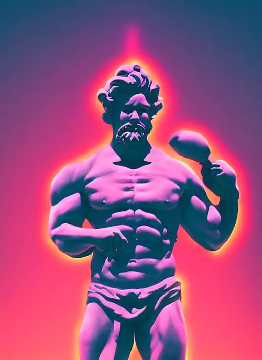 Prompt: statue of hercules looking angry, beeple, vaporwave, retrowave, black background, neon outlines, black, glitch, strong contrast, neon cuts, pinterest, trending on artstation