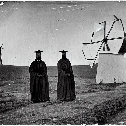 Image similar to worshippers dressed in robes belonging to the cult of the windmill. Dilapidated 1800s windmill. 1800s photo. Very detailed and clear image.