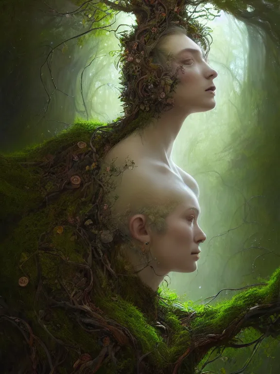Prompt: Full View Portrait Mystical ethereal deity of oak trees wearing beautiful dress in a magic forest, Oak Dryad made of vines tree bark moss beautiful dress, 4k digital masterpiece by Greg Rutkowski and Ruan Jia and Tom bagshaw, Alberto Seveso, fantasycore, Hyperdetailed, realistic oil on linen, soft lighting, featured on Artstation, textured, stylized, intricate details