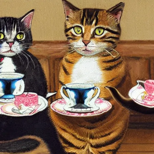 Image similar to three tabby cats attend a fancy english tea party, photorealistic photorealism