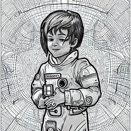 Image similar to clean simple line art of a cute little boy with short straight hair. he is dressed as an astronaut. no background. well composed, clean coloring book page, beautiful detailed face. coloring book line art by artgerm and greg rutkowski and johanna basford and alphonse mucha