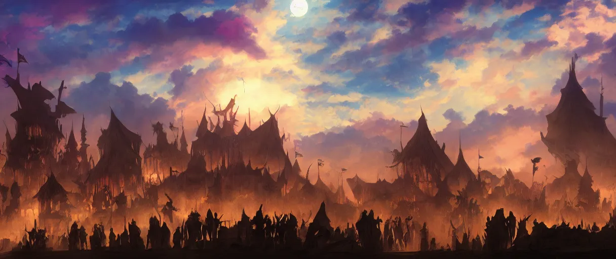 Prompt: beautiful matte painting silhouette of dark colorfull evil circus tents and carnival, powerful sky, Moebius, frank frazetta, james gurney, thomas kinkade, rodney mathews, trending on artstation