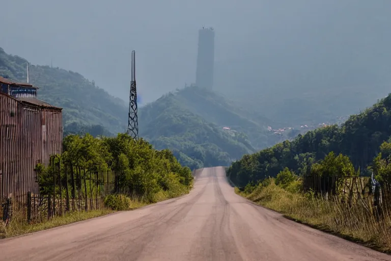 Image similar to looking down road of warehouses. hills background with radio tower on top. telephoto lens compression.