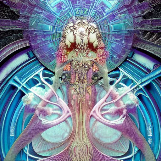 Prompt: cyberpunk art nouveau high priestess by alexander mcqueen, zdzisław beksinski and alphonse mucha. highly detailed, hyper - real, very beautiful, intricate fractal details, very complex, opulent, epic, mysterious, trending on deviantart and artstation