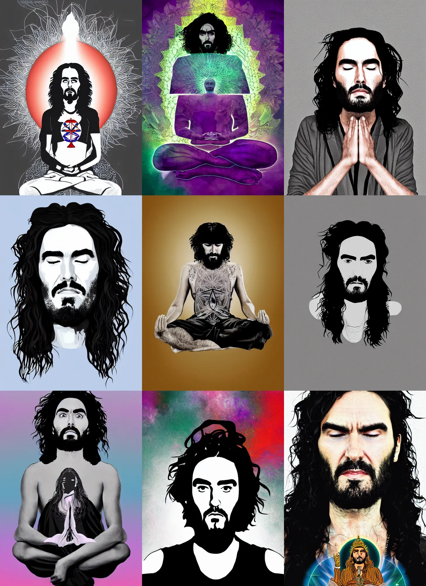 Prompt: character portrait of Russell Brand meditating with eyes closed, chakras, minimalist, digital art 4k