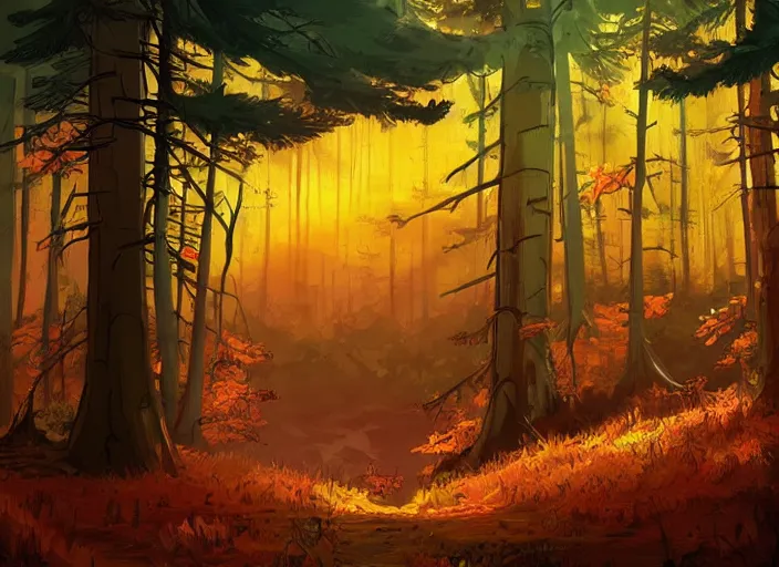 Prompt: gravity falls forest artwork, dramatic theming, mood lighting, unfortunate, hand painted cartoon art style, brutal, autumn, golden sunset, nostalgia, scenic, with text, 8k, award winning, wish you were here, mystical, beautiful, amazing