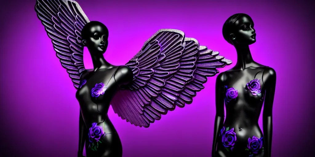 Image similar to a beautiful purple and black 3 d geometrically printed mannequin with angel wings!! in the style of james jean, chrome roses!!!! dripping black iridescent liquid, winged victory, moody, dramatic, introspective, 4 k, trending on artstation, photorealistic, volumetric lighting, octane render, tarot card with ornate border frame h - 1 0 2 4