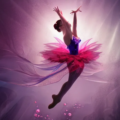 Prompt: a beautiful hyperdetailed rendering of a beautiful underwater ballerina lyrical dancer with flowy dress like a beta fish fins, weightless, flowy, deep color, fine bubbles, cryengine, 8 k, extreme detail, realism, realistic, surrealist