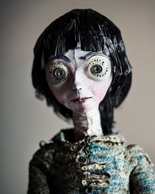 Image similar to a creepy paper mache doll of a coraline, realistic, very detailed, complex, intricate, studio lighting, bokeh, sigma 5 0 mm f 1. 4