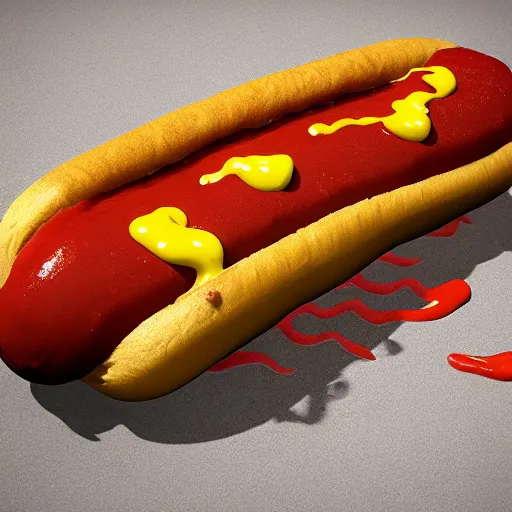 Image similar to a giant hotdog demon spiting spicy mustard. eldenring boss, zbrush, arnold render, unrealengine 5, dark souls, horror, extremely detailed