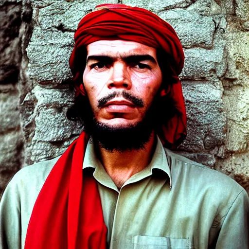 Image similar to portrait of che guevara as afghan man, green eyes and red scarf looking intently, photograph by steve mccurry