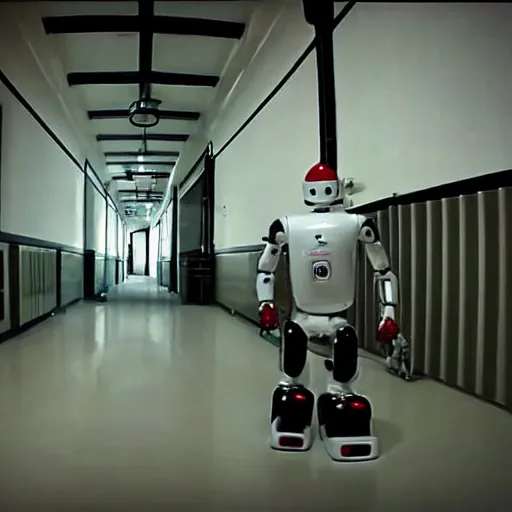 Prompt: ASIMO robot walking through haunted asylum, GoPro