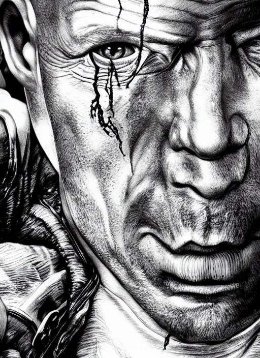 Prompt: highly detailed ink illustration of bruce willis, unreal engine, octane render, b & w clean shaped illustration by kim jung gi, ron english and eiichiro oda