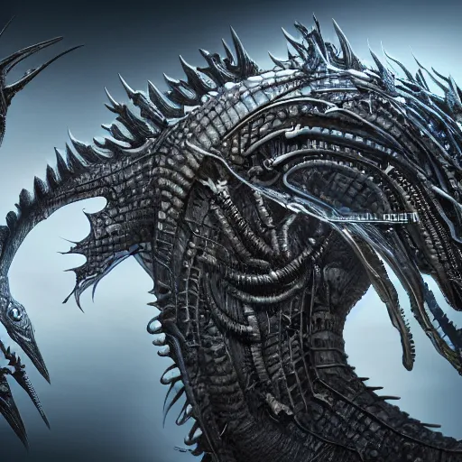 Prompt: cyborg dragon, concept art, incredibly detailed, biomechanical, H.R. Giger, 4k