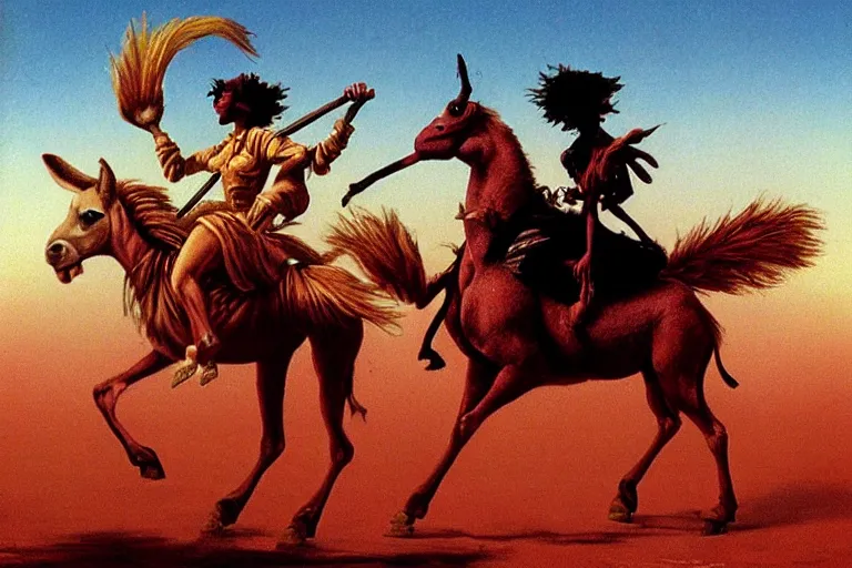 Prompt: revolutionary girl utena riding a donkey in the style of Tekken 4, beksinski