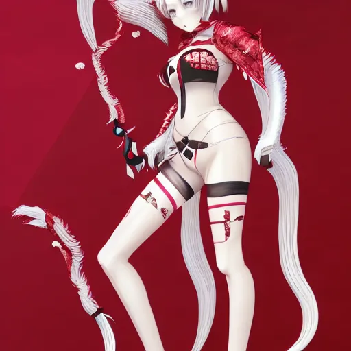 Prompt: kitsune woman nekomimi fancy haircut, full body, intrincate, red and white, gliter, depth of field, 8k, hyper detailed, trending on artstation