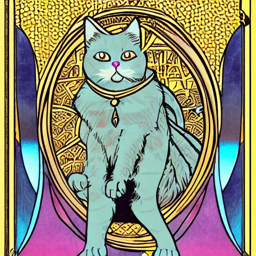 Prompt: Super math wizard cat, in Art Nouveau style, illustration for tarot card