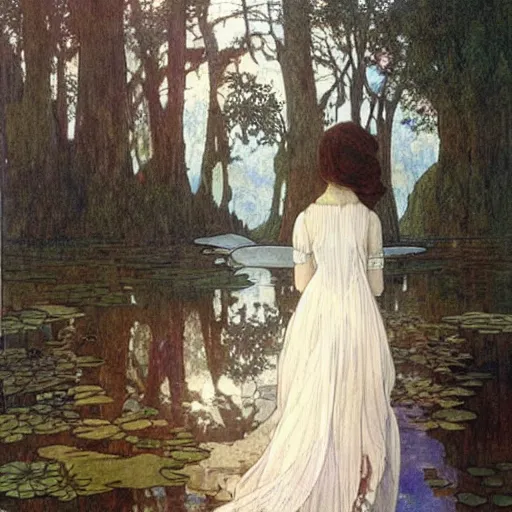 Image similar to a beautiful painting of the back view of a young lady in white dress sitting by the river in a grown forest, looking at her reflection on the water, sunlight reflected on the river, Mucha, Moebius, Mohrbacher