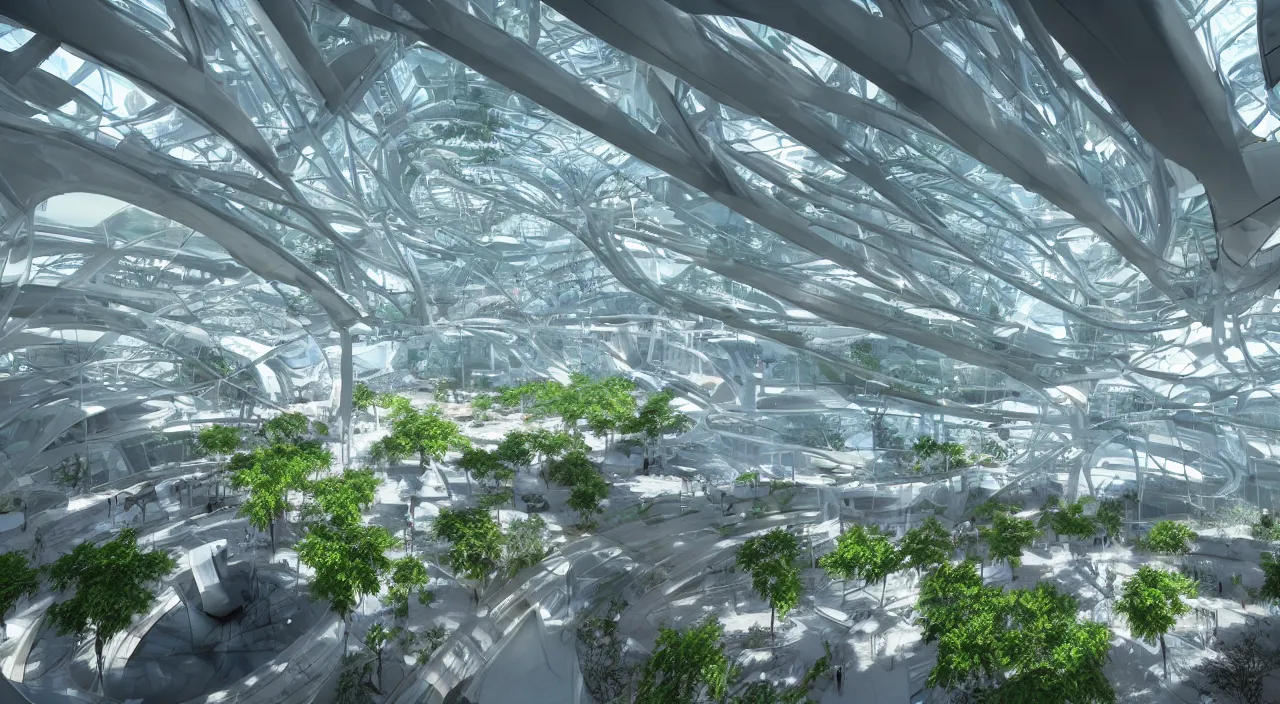 Prompt: futuristic office overlooking glass atrium with parks and plants, glowing computer screens, voluminous light and light rays, extremely intricate, very detailed, in style of zaha hadid, artstation, octane render, cinematic lighting