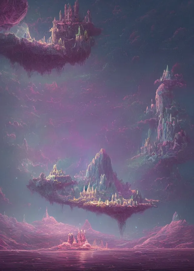 Image similar to an ultra detailed midjourney concept digital art painting of a singular floating island with a castle, flying citadel levitating across space in a misty pearlescent nebula by paul lehr kazumasa uchio situated in a starry expanse of bioluminescent cosmic worlds by beksinski and beeple, ecological art, flying citadel with towers, trending on artstation