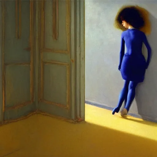 Image similar to close up of a girl in a blue and gold haunted liminal abandoned room, film still by edward hopper, by gottfried helnwein, by klimt, art noveau, highly detailed, strong lights, liminal, eerie, bright pastel colors,