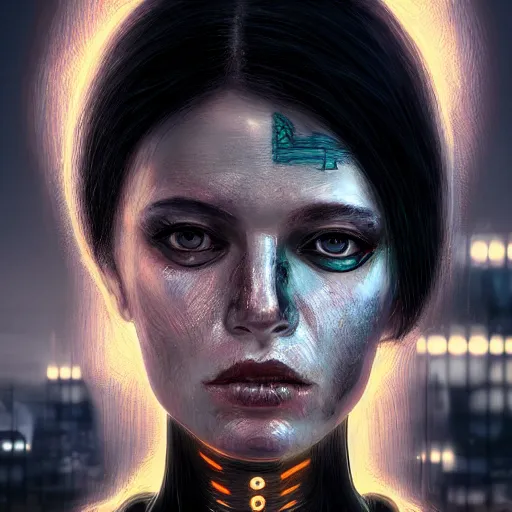 Prompt: molly millions, closeup portrait of a young beautiful cyberpunk woman, white eyes, black hair in a rough shag, sunset, neuromancer, street samurai, cyberpunk city background, megacity, gorgeous view, depth, painted by seb mckinnon, high detail, digital art, painted by greg rutkowski, trending on artstation