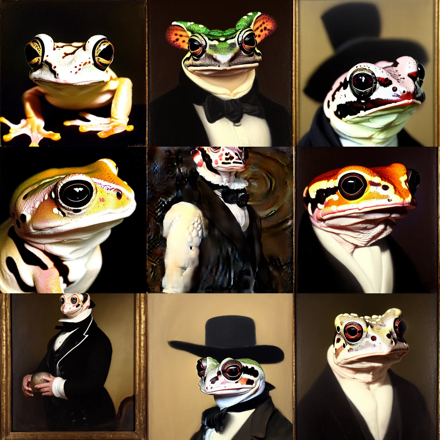 Prompt: a head - and - shoulders portrait of an amazon milk frog looking off camera wearing a black frock coat with a white cravat, an american romanticism painting, a portrait painting, cgsociety, soft focus, oil on canvas