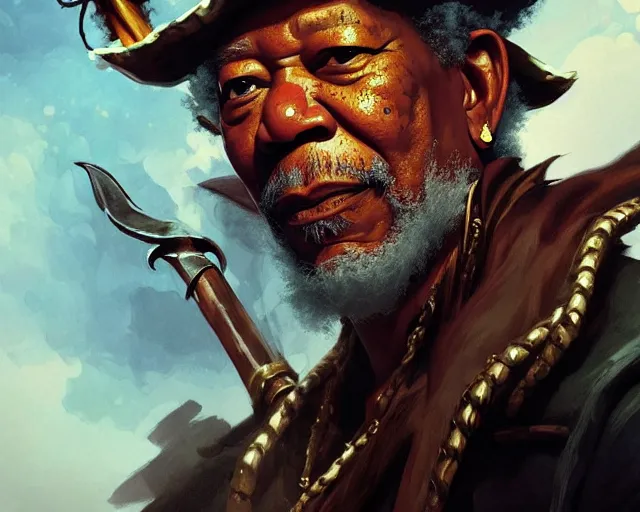 Image similar to morgan freeman as a pirate, deep focus, d & d, fantasy, intricate, elegant, highly detailed, digital painting, artstation, concept art, matte, sharp focus, illustration, hearthstone, art by artgerm and greg rutkowski and alphonse mucha