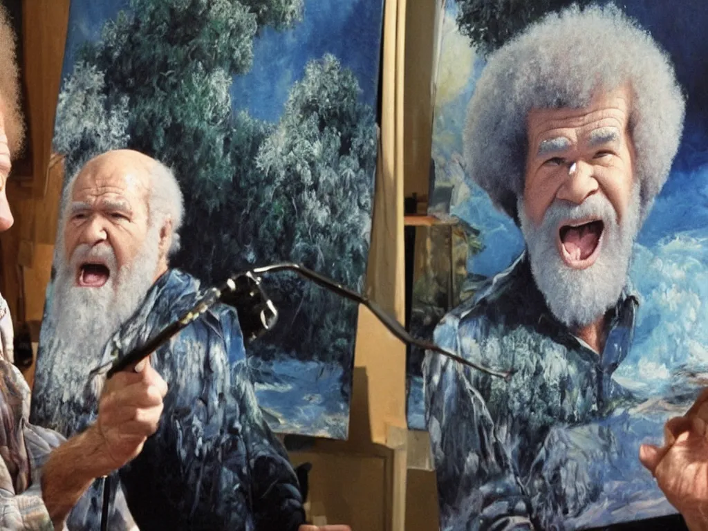 Image similar to old bob ross is sad and angry and yelling at a huge painting by bob ross