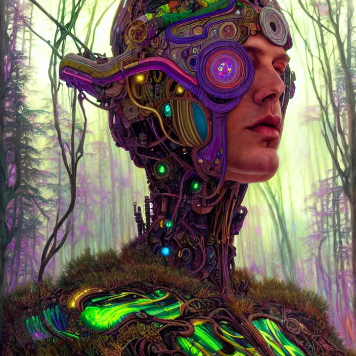 Prompt: bright psychedelic portrait of giant organic cyborg over an ancient forest, diffuse lighting, fantasy, intricate, elegant, highly detailed, lifelike, photorealistic, digital painting, artstation, illustration, concept art, smooth, sharp focus, art by John Collier and Albert Aublet and Krenz Cushart and Artem Demura and Alphonse Mucha