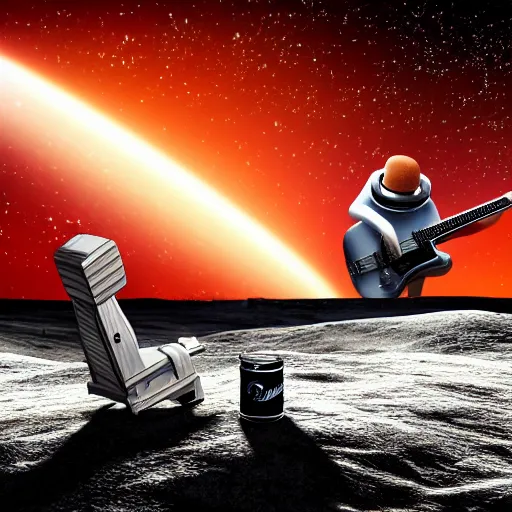 Image similar to a photo of a detailed, realistic, regular sized, sitting idle fender electric guitar next to a sitting idle beer can with an astronaut sitting on the moon surface. detailed photo. realistic photo. cinematic