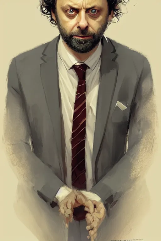 Image similar to Michael Sheen with light beard, curly hair, modern, hero, wearing a suit, highly detailed, digital painting, artstation, concept art, sharp focus, illustration, by greg rutkowski