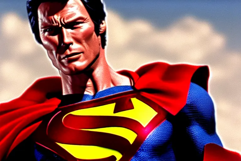 Image similar to clint eastwood as superman in the 1 9 8 0's, superhero film, hyperrealistic, detailed, smooth, sharp focus