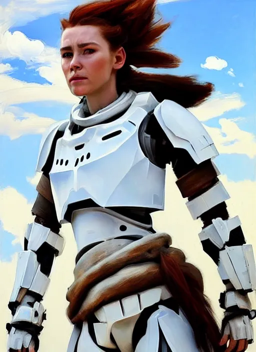 Prompt: portrait of a caucasian Aloy from Horizon Zero Dawn in white clothes Stormtrooper armor, desert, calm, fantasy character portrait, dynamic pose, above view, sunny day, clouds in the sky, artwork by Jeremy Lipkin and Giuseppe Dangelico Pino and Michael Garmash and Rob Rey and Greg Manchess, very coherent asymmetrical artwork, sharp edges, perfect face, simple form, 100mm